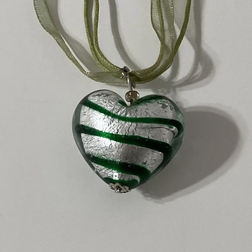 Puffy Solid Glass Heart Green Swirl Sheer Ribbon Silver Toned Foil Necklace